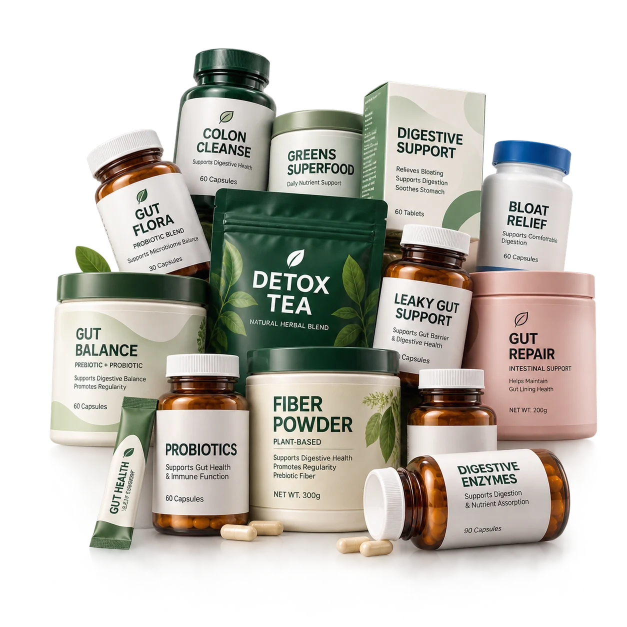 Collage of gut-health supplement bottles and tubs — colon cleanse, greens superfood, digestive support, bloat relief, gut flora, detox tea, gut balance, probiotics, fibre powder, leaky gut support, gut repair, digestive enzymes
